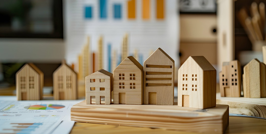 Immobilier-AdobeStock_925739575.chapo.jpeg (Wooden figures of houses and a poster with information charts with a tendency of sales growth. Increase liquidity and attractiveness of assets. rent or cost of buying a home. real estate value growth)