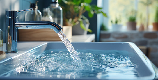 Wasserhahn, aus dem Wasser in ein Spülbecken fließt