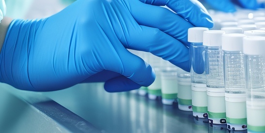 Hands glover_chapo - AdobeStock_644466405.copy.jpeg (hands of a doctor, scientist or medical worker in blue sanitary glover controlling medicinal products vaccine vials at pharmaceutical factory. Pharma assembly line with liquid meds in glass bottles)