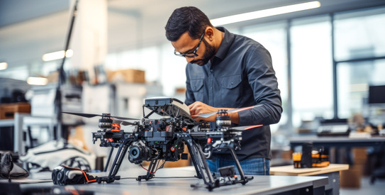 Recherche-AdobeStock_626100245.chapo.jpeg (Engineer testing a military grade drone in laboratory. Demonstrating innovation in defense technology and its future with artificial intelligence)