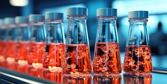 Test tube_chapo - AdobeStock_627825854.copy.jpeg (Flask test tubes with chemical laboratory tests stand on a glass table. Generative AI)